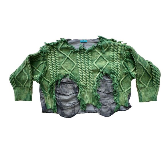 Upcycled Green Knit & Denim Destroyed Sweater – Statement Piece NWT - Picture 10 of 16